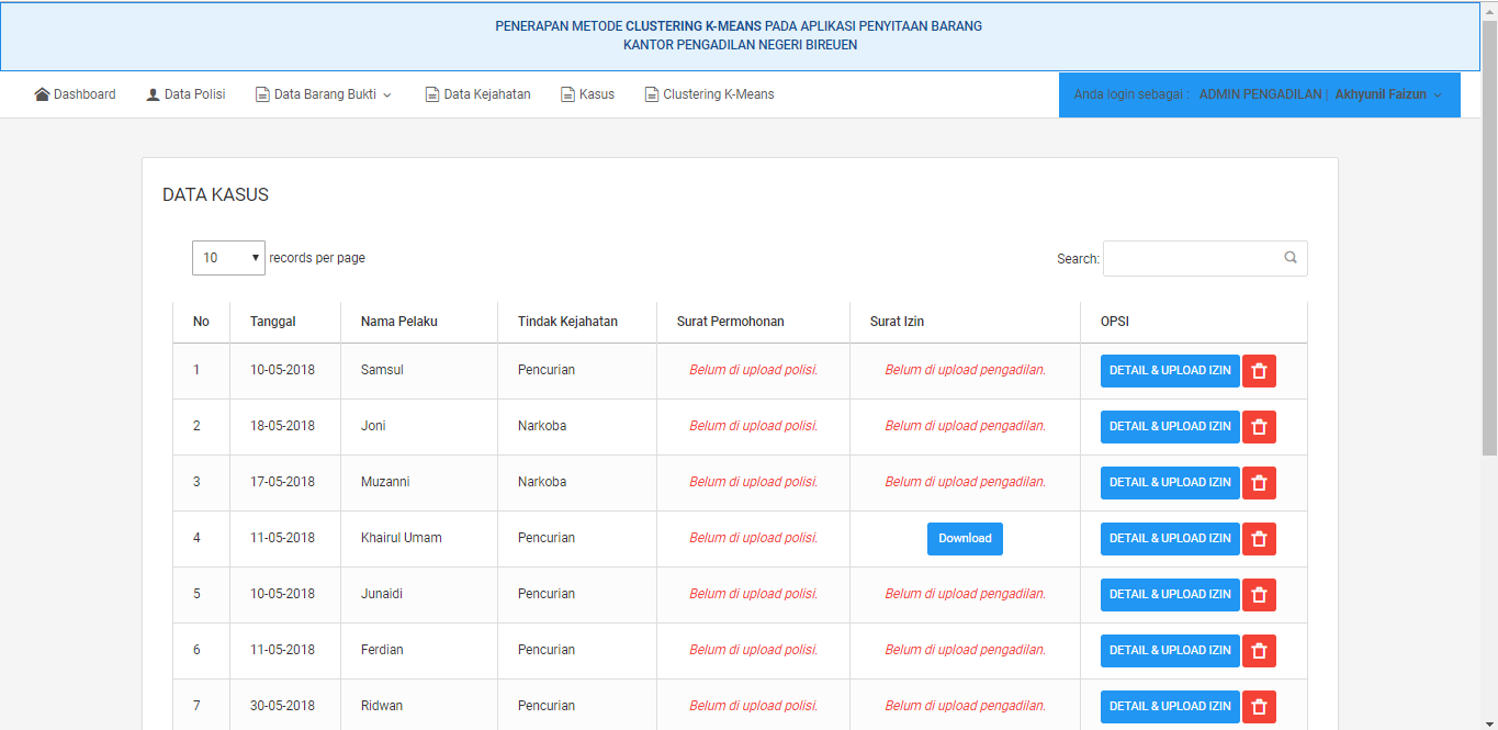 Source Code K-Mean Berbasis Web Dengan Kasus Penyitaan Barang di Pengadilan - Screenshot Antarmuka 5