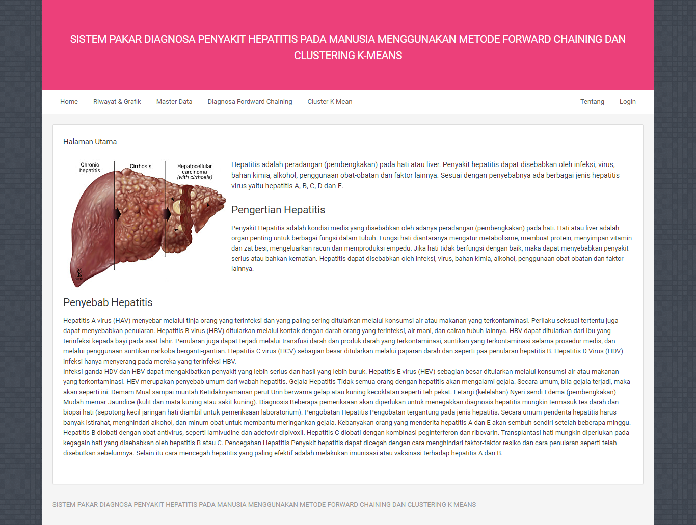 Aplikasi Diagnosa Penyakit Hepatitis Pada Manusia Menggunakan Metode Forward Chaining Dan Clustering K-Means - Screenshot Antarmuka 1