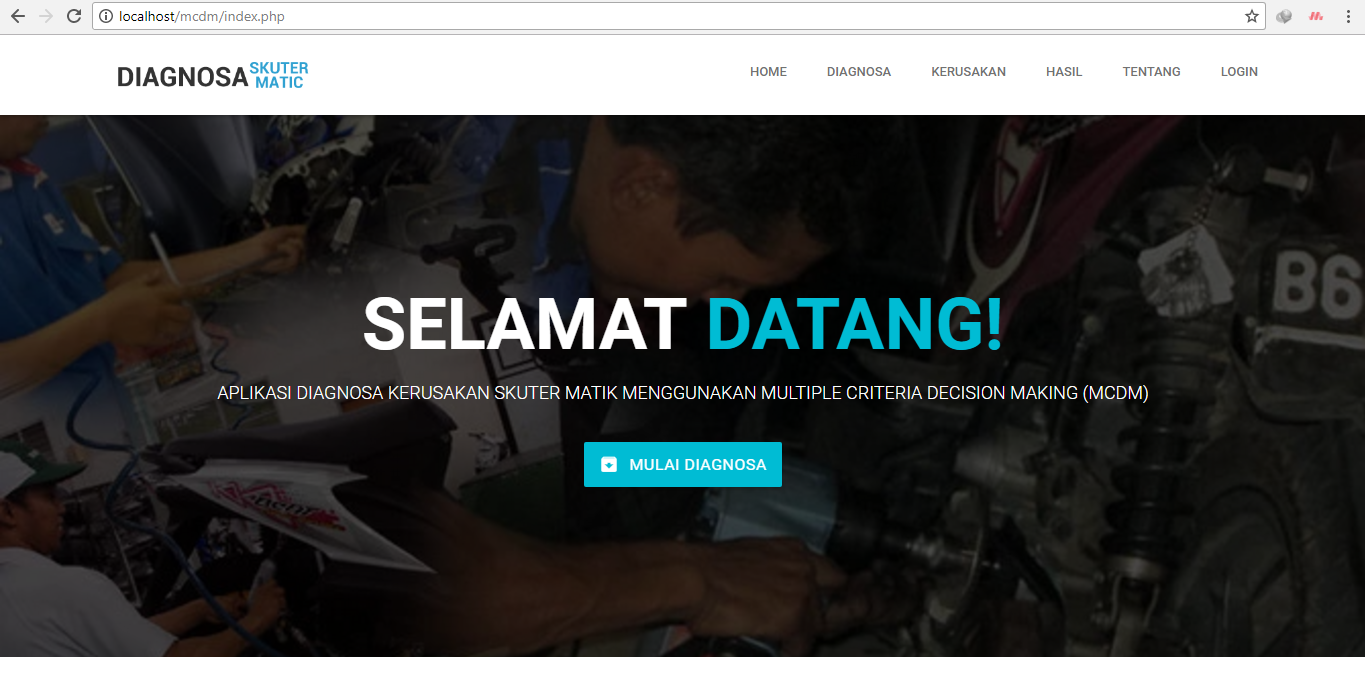 Aplikasi Diagnosa Kerusakan Skuter Matic Berbasis Web Menggunakan Metode Fuzzy MCDM (Multiple Criteria Decision Making) - Screenshot Antarmuka 1