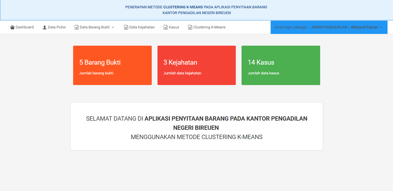 Source Code K-Mean Berbasis Web Dengan Kasus Penyitaan Barang di Pengadilan - Screenshot Antarmuka 1